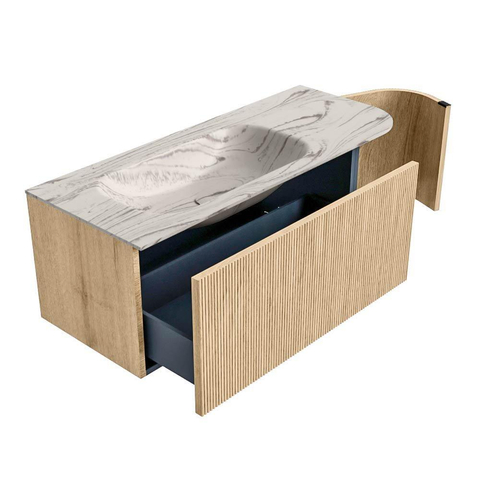 MONDIAZ KURVE-DLUX Meuble de salle de bains 115 cm arrondi à droite couleur Oak avec 1 tiroir et 1 porte. Vasque BIG SMALL à gauche sans trou de robinet Nata. SW1432088