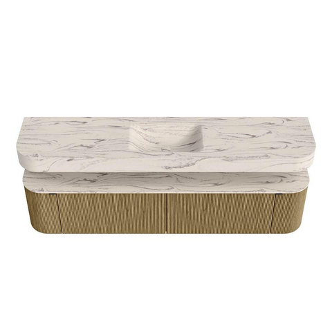 MONDIAZ THOR-DLUX 200cm meuble de salle de bains arrondi gauche + droite couleur Dusk avec 2 tiroirs et 2 portes. Vasque suspendue CLOUD Milieu sans trou de robinet couleur Nata. SW1467149