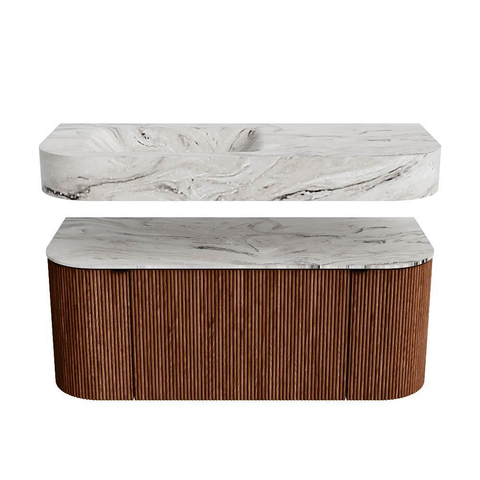 MONDIAZ THOR-DLUX 110cm badmeubel ronding links + rechts kleur Ruby met 1 lade en 2 deuren. Vrijhangende wastafel CLOUD Links 1 kraangat kleur Glace. SW1462842
