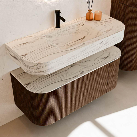 MONDIAZ THOR-DLUX 110cm badmeubel ronding links + rechts kleur Walnut met 1 lade en 2 deuren. Vrijhangende wastafel CLOUD Midden 1 kraangat kleur Nata. SW1462930