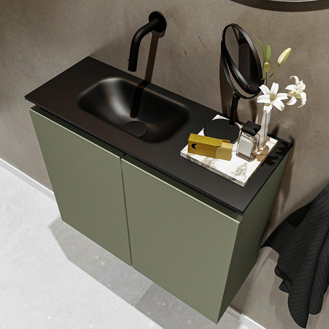 MONDIAZ TURE Toiletmeubel 60x23x50cm met 0 kraangaten 2 deuren army mat Wastafel Eden links Solid Surface Zwart SW475326