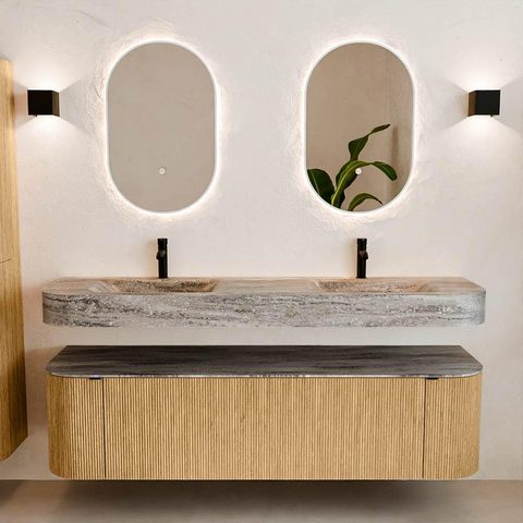 MONDIAZ THOR-DLUX 170cm badmeubel ronding links + rechts kleur Oak met 1 lade en 2 deuren. Vrijhangende wastafel CLOUD Dubbel 2 kraangaten kleur Oza. SW1465658