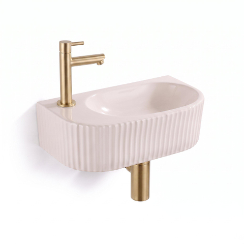 QeramiQ Fuente Fontein - 40x22x12cm - ribbel - halfrond - fonteinkraangat links - keramiek - fonteinkraan geborsteld messing - verlaagd sifon - afvoerplug - linnen SW1583212
