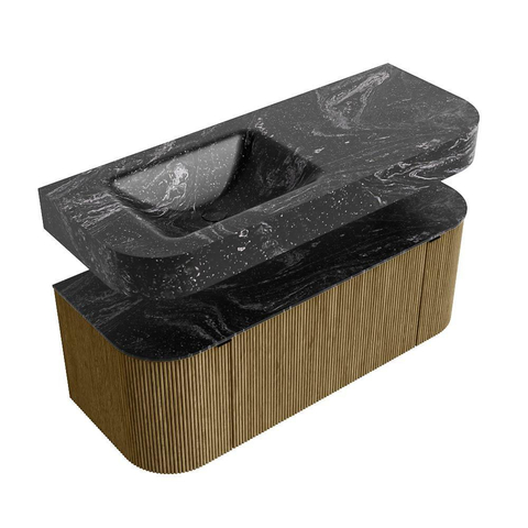 MONDIAZ THOR-DLUX 120cm meuble de salle de bains arrondi gauche + droite couleur Dusk avec 1 tiroir et 2 portes. Vasque suspendue CLOUD gauche 1 trou de robinet couleur Lava. SW1463310