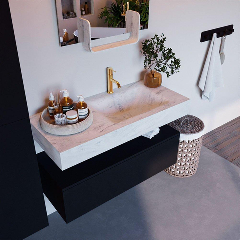 Mondiaz ALAN-DLUX Ensemble de meuble - 100cm - meuble Urban mat - 1 tiroir - Lavabo Cloud Opalo suspendu - vasque Droite - 1 trou de robinet SW806354