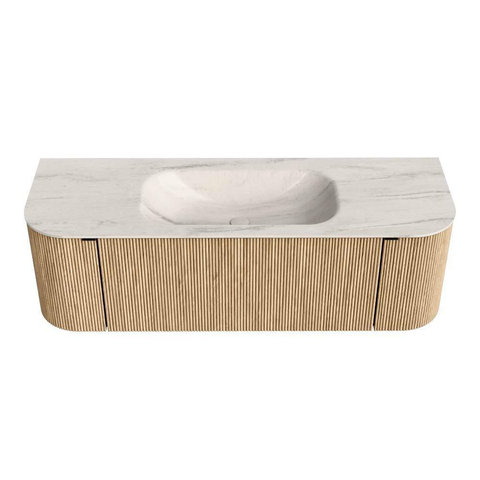 MONDIAZ KURVE-DLUX 140cm badmeubel ronding Links + Rechts kleur Oak met 1 lade en 2 deuren. Wastafel BIG SMALL Midden 1 kraangat Meli. SW1431604