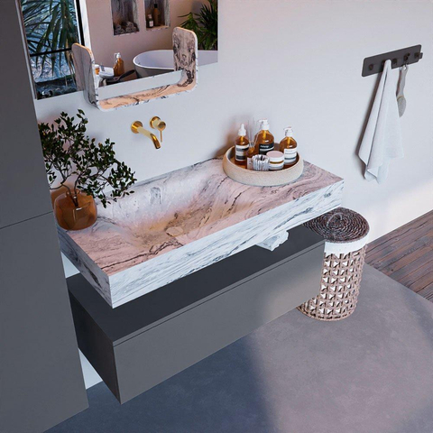 Mondiaz ALAN-DLUX Ensemble de meuble - 100cm - meuble Plata mat - 1 tiroir - Lavabo Cloud Glace suspendu - vasque Gauche - 0 trous de robinet SW806177