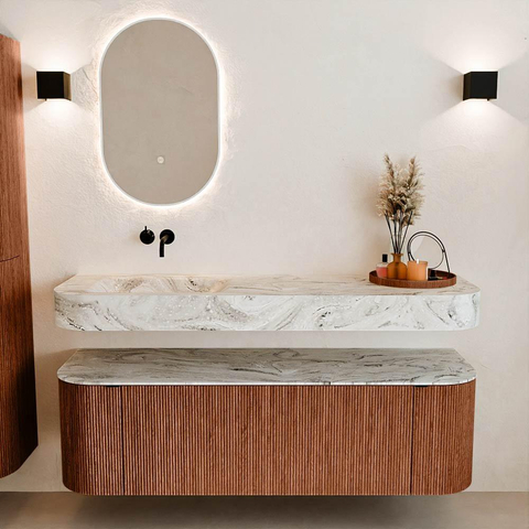 MONDIAZ THOR-DLUX 150cm meuble de salle de bains arrondi gauche + droite couleur Ruby avec 1 tiroir et 2 portes. Vasque suspendue CLOUD Gauche sans trou de robinet couleur Glace. SW1464549
