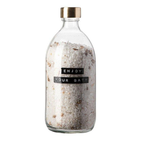 Wellmark Badzout helder glas messing dop 500ml Kamille tekst ENJOY YOUR BATH Black label SHOWROOMMODEL SHOW22587