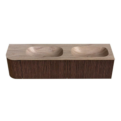 MONDIAZ KURVE-DLUX 175cm badmeubel ronding Links kleur Walnut met 2 lades en 1 deur. Wastafel STOR SMALL Dubbel / Rechts zonder kraangat Saba. SW1433223