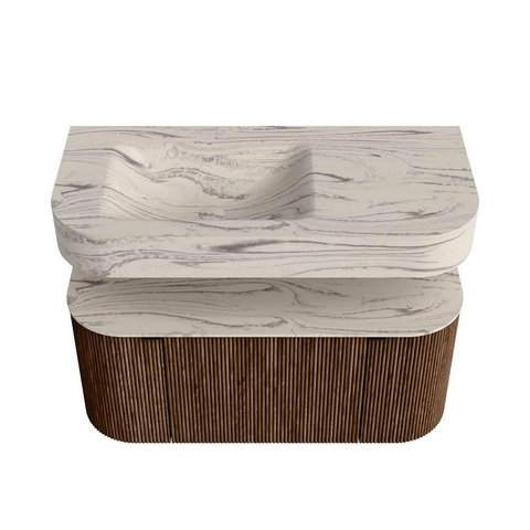MONDIAZ THOR-DLUX 100cm meuble de salle de bains arrondi gauche + droite couleur Walnut avec 1 tiroir et 2 portes. Vasque suspendue CLOUD gauche 1 trou de robinet couleur Nata. SW1467506