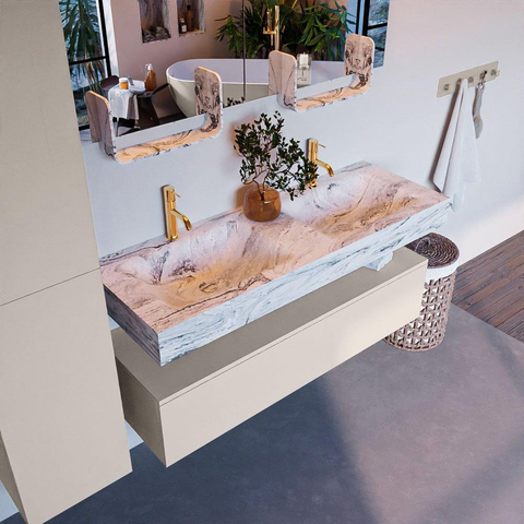 Mondiaz ALAN-DLUX Ensemble de meuble - 130cm - meuble Linen mat - 1 tiroir - Lavabo Cloud Glace suspendu - vasque Gauche et droite - 2 trous de robinet SW805944