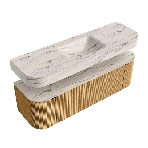 MONDIAZ THOR-DLUX 150cm meuble de salle de bains arrondi gauche + droite couleur Oak avec 1 tiroir et 2 portes. Vasque suspendue CLOUD Milieu 1 trou de robinet couleur Nata. SW1464814