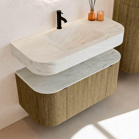 MONDIAZ THOR-DLUX Meuble de salle de bains - 100cm - arrondi gauche + droite - couleur Dusk - 1 tiroir - 2 portes - Vasque suspendue CLOUD Milieu 1 trou de robinet couleur Opalo SW1467348