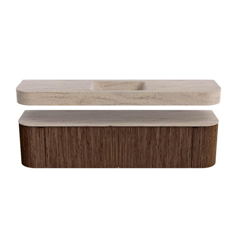 MONDIAZ THOR-DLUX 180cm badmeubel ronding links + rechts kleur Walnut met 2 lades en 2 deuren. Vrijhangende wastafel CLOUD Midden zonder kraangat kleur Saba. SW1466242