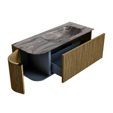 MONDIAZ KURVE-DLUX 115cm badmeubel ronding Links kleur Dusk met 1 lade en 1 deur. Wastafel BIG SMALL Rechts 1 kraangat Sombra. SW1433853