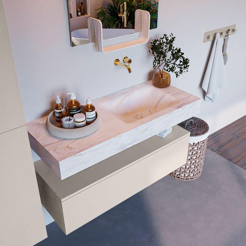 Mondiaz ALAN-DLUX Ensemble de meuble - 110cm - meuble Linen mat - 1 tiroir - Lavabo Cloud Ostra suspendu - vasque droite - 0 trous de robinet SW807464