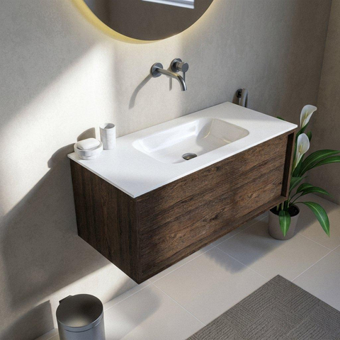 Saniclass Holz Frame Ensemble meuble de salle de bains - 100x45x41.5cm - Vasque Flow en solid surface blanc - 1 vasque - sans trou de robinet - 1 tiroir - chêne charcoal mat (bois) SW1478398
