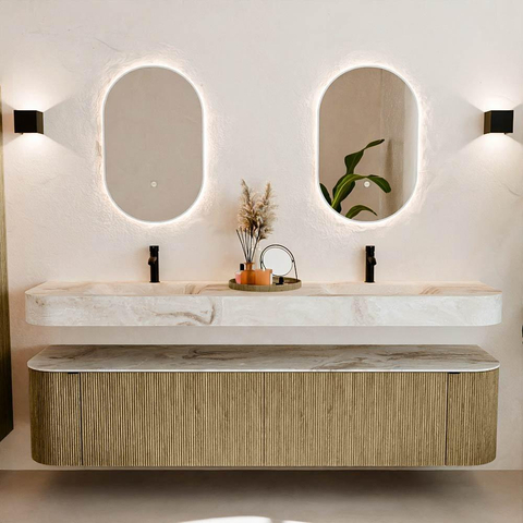 MONDIAZ THOR-DLUX Meuble de salle de bains - 200cm - arrondi gauche + droite - couleur Dusk - 2 tiroirs et 2 portes - Vasque suspendue CLOUD Double 2 trous de robinet - couleur Frappe SW1466846
