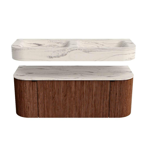 MONDIAZ THOR-DLUX 120cm meuble de salle de bains arrondi gauche + droite couleur Ruby avec 1 tiroir et 2 portes. Vasque suspendue CLOUD Double 2 trous de robinet couleur Nata. SW1463393