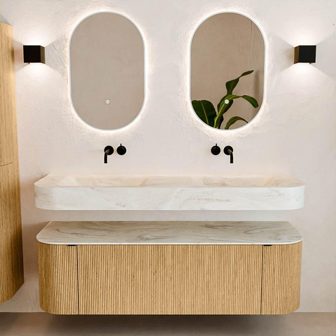 MONDIAZ THOR-DLUX 150cm badmeubel ronding links + rechts kleur Oak met 1 lade en 2 deuren. Vrijhangende wastafel CLOUD Dubbel zonder kraangat kleur Ostra. SW1464699