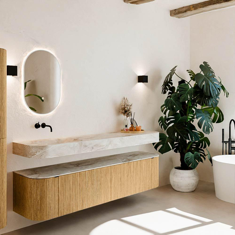 MONDIAZ THOR-DLUX 190cm meuble de salle de bains arrondi gauche + droite couleur Oak avec 2 tiroirs et 2 portes. Vasque suspendue CLOUD Gauche sans trou de robinet couleur Frappe. SW1466349
