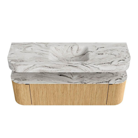 MONDIAZ THOR-DLUX 150cm badmeubel ronding links + rechts kleur Oak met 1 lade en 2 deuren. Vrijhangende wastafel CLOUD Midden zonder kraangat kleur Glace. SW1464641