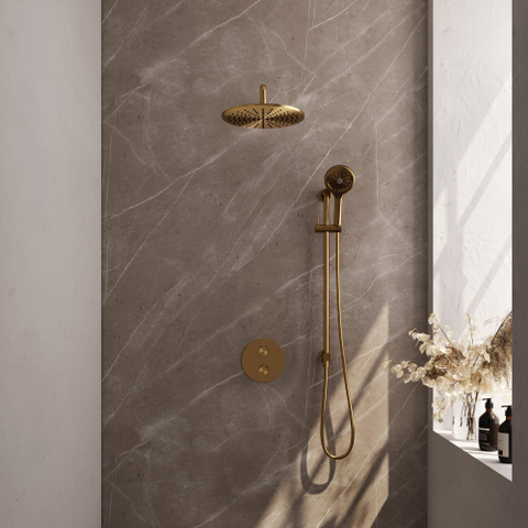 BRAUER Gold Carving thermostatische Inbouw Regendouche - 3-weg - rond - set 94 - 30cm hoofddouche - gebogen muurarm - 3-standen handdouche - doucheslang - geïntegreerde glijstang - goud geborsteld PVD SW1159033