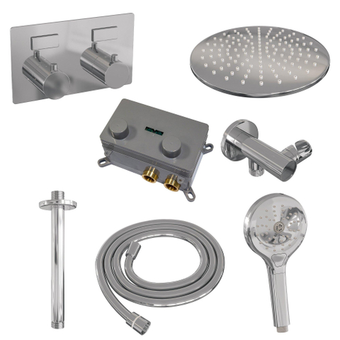 BRAUER Chrome Edition Douche de pluie thermostatique encastrée - boutons-poussoirs - SET 60 - pomme de tête 30cm - bras de plafond - douchette 3 jets - flexible de douche - coude d'alimentation mural - chrome SW925543