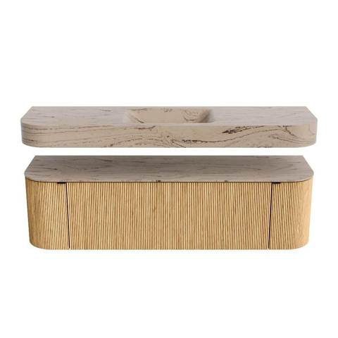 MONDIAZ THOR-DLUX 160cm badmeubel ronding links + rechts kleur Oak met 1 lade en 2 deuren. Vrijhangende wastafel CLOUD Midden zonder kraangat kleur Arena. SW1465095