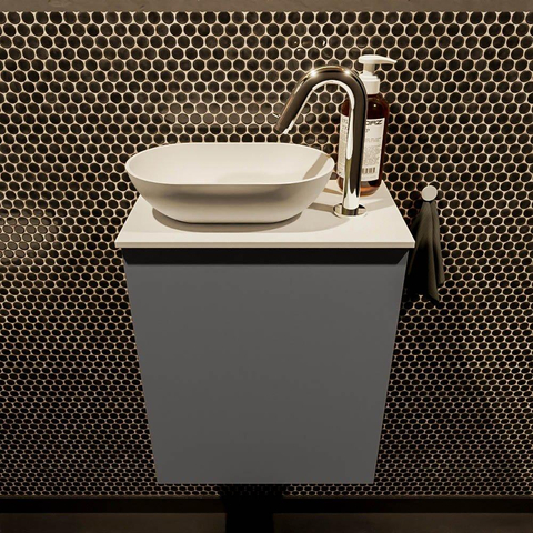 Mondiaz Fowy Meuble de toilette - 40x50x23cm - gris foncé mat - 1 trou de robinet - lavabo à gauche - 1 porte - solid surface - plan MDF - lavabo : Blanc / Noir SW760932