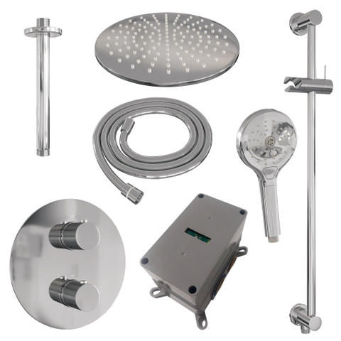 BRAUER Chrome Carving douche de pluie encastrée thermostatique - 3 voies - ronde - set 96 - pomme de douche 30cm - bras de plafond - douchette à main 3 jets - flexible de douche - barre de douche intégrée - chrome SW1159018