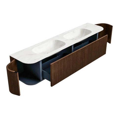 MONDIAZ KURVE-DLUX meuble de salle de bains 200cm avec module 25 Len R couleur Walnut avec 2 tiroirs et 2 portes. Plan vasque STOR SMALL double sans trou de robinet couleur Ostra. SW1137941