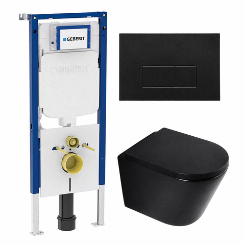 QeramiQ Dely Toiletset - 36.3x51.7cm - diepspoel - rimless - Geberit UP720 inbouwreservoir - softclose toilet zitting - 35mm - metaal mat zwarte bedieningsplaat - rechthoekige knoppen - mat zwart SW1427105