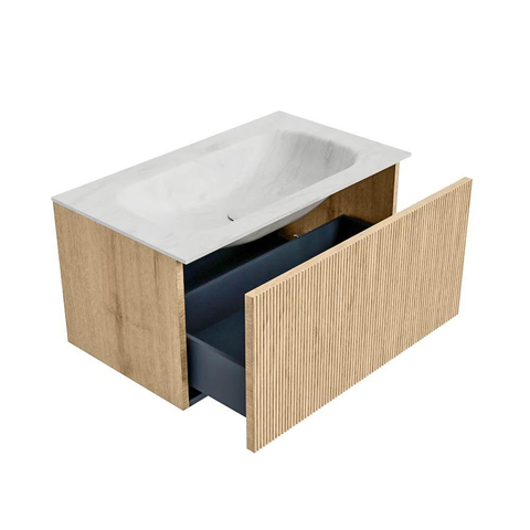 MONDIAZ KURVE-DLUX Meuble de salle de bains 80cm couleur Oak avec 1 tiroir. Lavabo BIG SMALL central 1 trou de robinet couleur Opalo. SW1138539