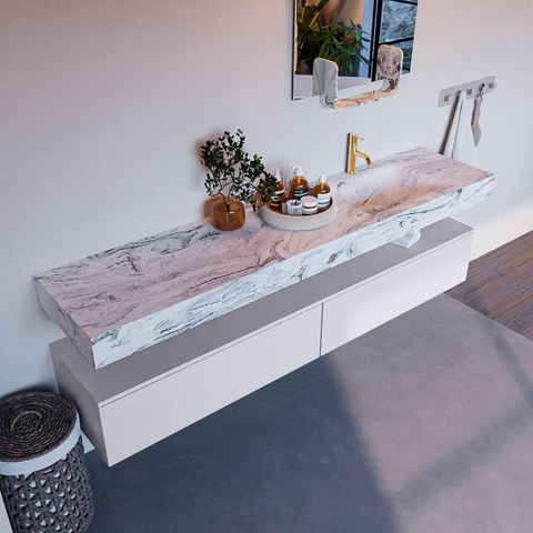 Mondiaz ALAN-DLUX Ensemble de meuble - 200cm - meuble Cale mat - 2 tiroirs - Lavabo Cloud Glace suspendu - vasque Droite - 1 trou de robinet SW805859