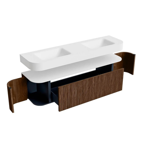 MONDIAZ THOR Meuble de salle de bains 170cm arrondi gauche + droite couleur Walnut avec 1 tiroir et 2 portes. Vasque suspendue CLOUD Double 2 trous de robinet couleur Talc. SW1465553