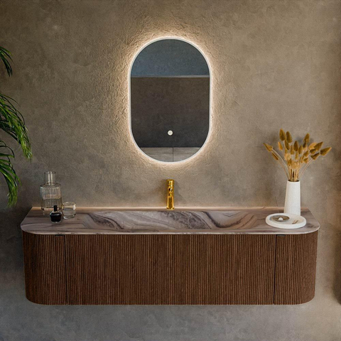 MONDIAZ KURVE-DLUX 160cm badmeubel ronding Links + Rechts kleur Walnut met 1 lade en 2 deuren. Wastafel BIG MEDIUM Midden 1 kraangat Sombra. SW1433679