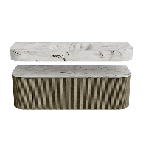 MONDIAZ THOR-DLUX 140cm meuble de salle de bains arrondi gauche + droite couleur Shadow avec 1 tiroir et 2 portes. Vasque suspendue CLOUD Milieu 1 trou de robinet couleur Glace. SW1464138