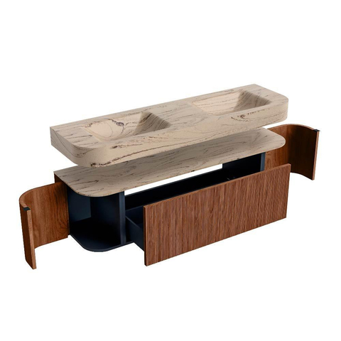 MONDIAZ THOR-DLUX 160cm meuble de salle de bains arrondi gauche + droite couleur Ruby avec 1 tiroir et 2 portes. Vasque suspendue CLOUD Double sans trou de robinet couleur Arena. SW1465126