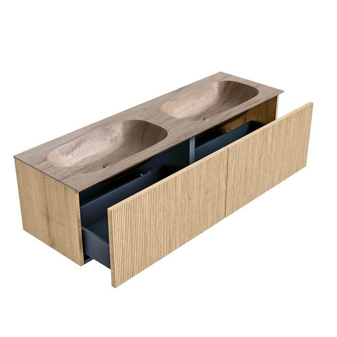 MONDIAZ KURVE-DLUX Meuble de salle de bains 150 cm couleur Oak avec 2 tiroirs et 0 porte. Lavabo STOR SMALL Double 2 trous de robinet Saba. SW1433130
