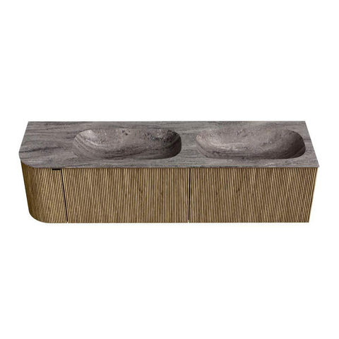 MONDIAZ KURVE-DLUX Meuble de salle de bains 165cm arrondi à gauche couleur Dusk avec 2 tiroirs et 1 porte. Lavabo STOR SMALL Double / Droite sans trou de robinet Oza. SW1433031