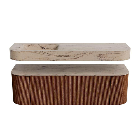 MONDIAZ THOR-DLUX 150cm meuble de salle de bains arrondi gauche + droite couleur Ruby avec 1 tiroir et 2 portes. Vasque suspendue CLOUD Gauche sans trou de robinet couleur Arena. SW1464747