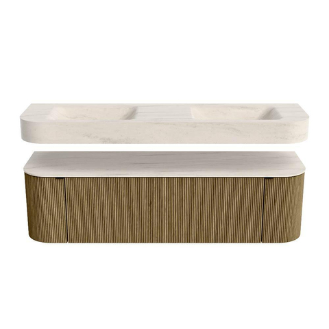 MONDIAZ THOR-DLUX 160cm meuble de salle de bains arrondi gauche + droite couleur Dusk avec 1 tiroir et 2 portes. Vasque suspendue CLOUD Double sans trou de robinet couleur Meli. SW1465147