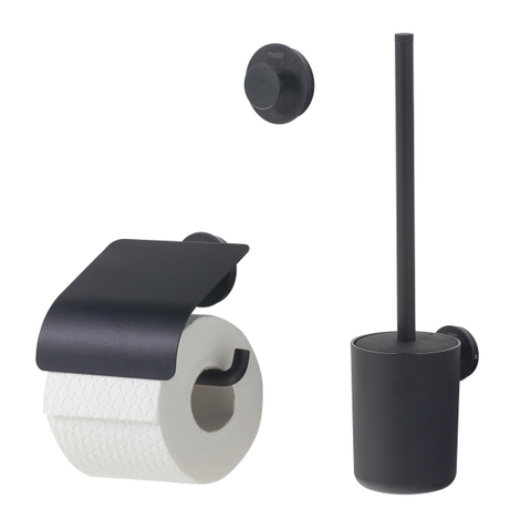 Tiger Urban Ensemble d’accessoires de toilettes Brosse de toilette avec support Porte-rouleau de papier toilette avec clapet Patère Noir SW877683