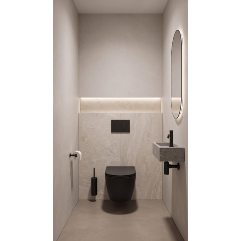 QeramiQ Dely Pack WC cuvette sans bride 36.3x51.7cm avec bâti-support Geberit UP320 abattant WC noir mat frein de chute et plaque de commande Noir mat boutons Ronds SW804616