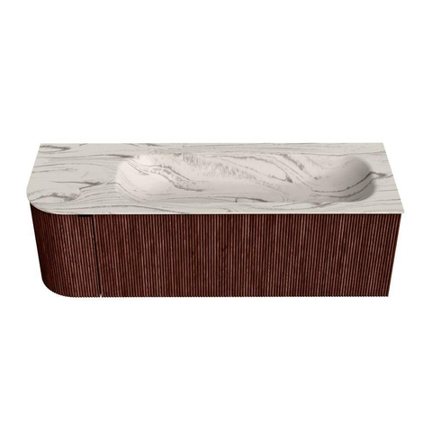 MONDIAZ KURVE-DLUX Meuble de salle de bains 135cm arrondi à gauche couleur Ruby avec 1 tiroir et 1 porte. Vasque BIG MEDIUM droite 1 trou de robinet Nata. SW1432556
