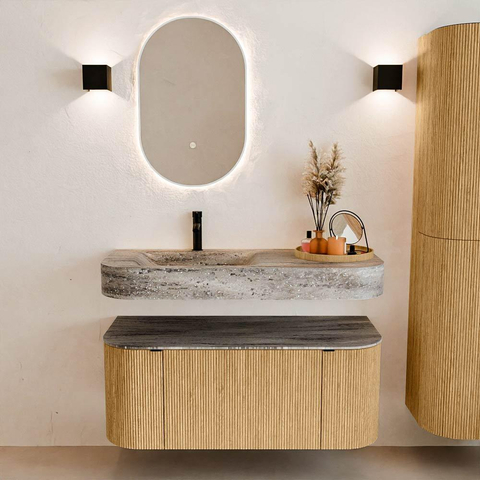 MONDIAZ THOR-DLUX 110cm badmeubel ronding links + rechts kleur Oak met 1 lade en 2 deuren. Vrijhangende wastafel CLOUD Links 1 kraangat kleur Oza. SW1462963