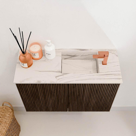 Mondiaz JOYA-DLUX 60cm meuble de toilette - couleur Walnut - Vasque FAYE position Droite 1 trou de robinet couleur Nata. SW1424477