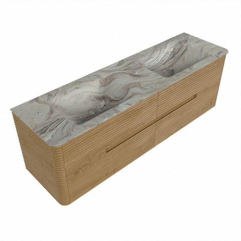 Mondiaz CIRO-DLUX Badkamermeubelset - 160x45x50cm - Solid surface wastafel Glace - 2 wasbak Dubbel - 2 kraangaten - 4 lades - Oak SW1530833